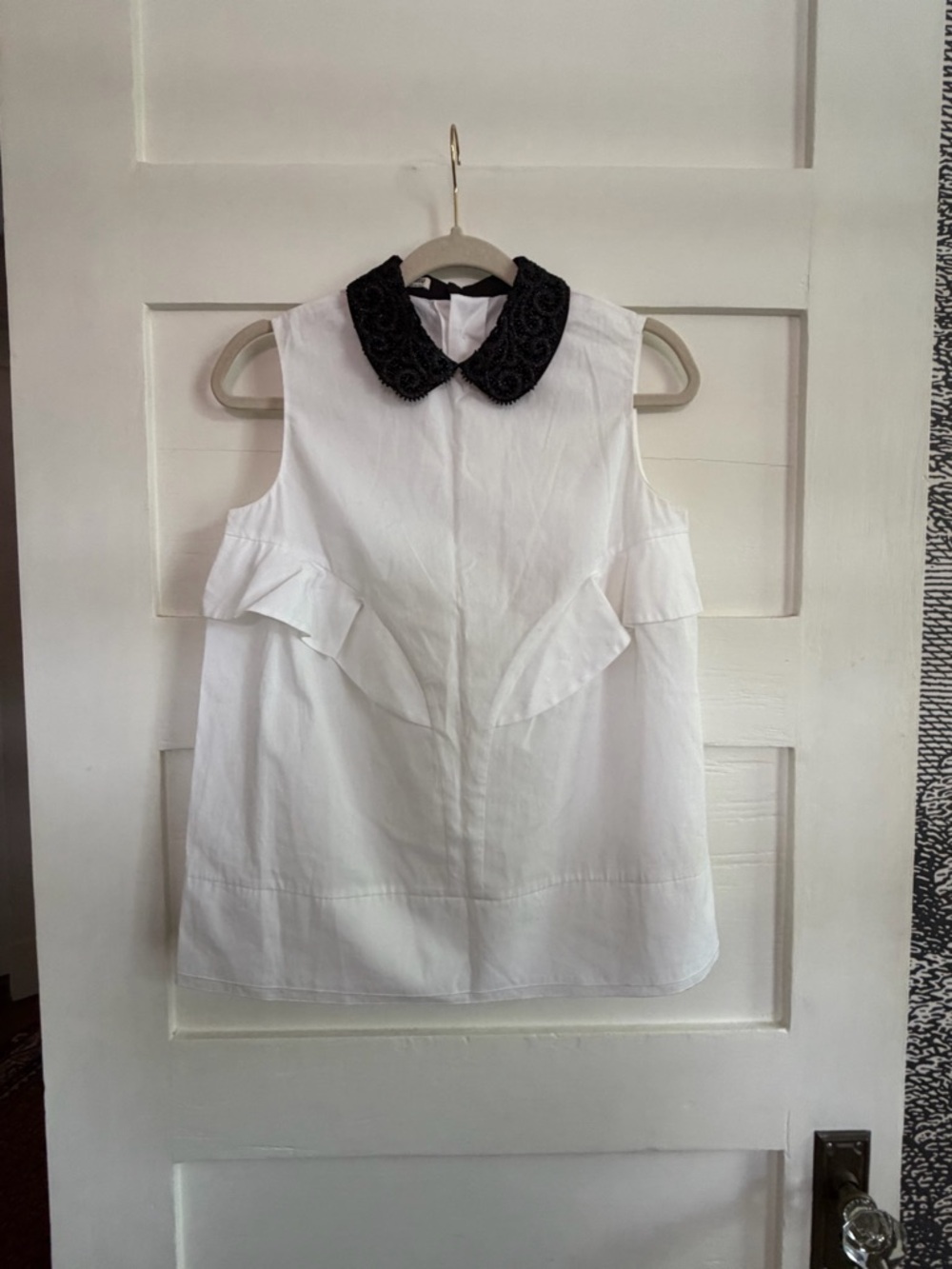 Miu Miu White Sleeveless Peter Pan Collar Top with Black Embellished Collar